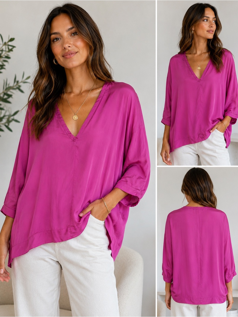 Anthropologie Stark X Pink Silk Feel Oversized Blouse V Neck 3/4 Sleeve Small